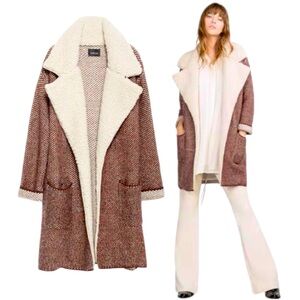 ZARA KNIT Sherpa Collar Open Front Knit Cardigan Burgundy/Cream NWOT - Size M